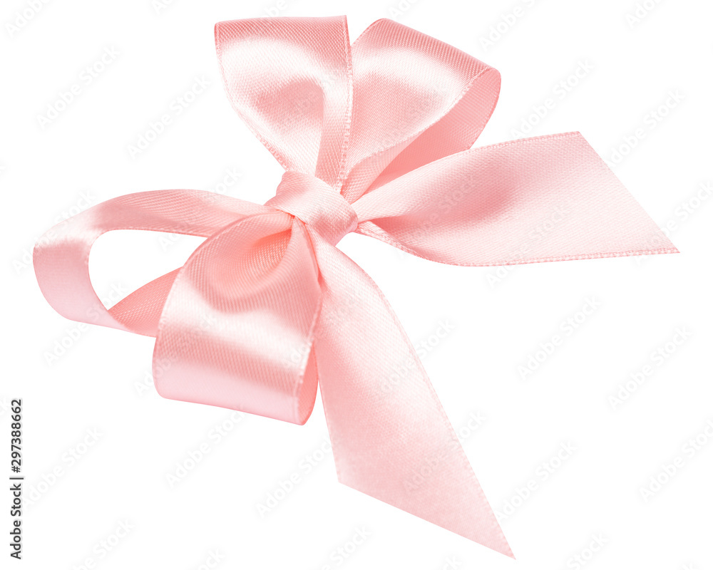 Pink bow made of satin ribbon isolated on white background. Christmas gift bow closeup Pink bow made of satin ribbon isolated on white background. Christmas gift bow closeup