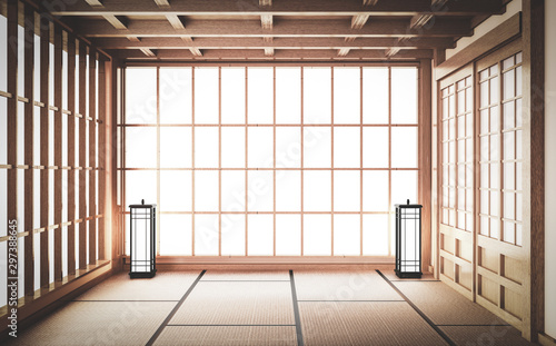 Empty yoga room inteior with tatami mat floor.3D rendering