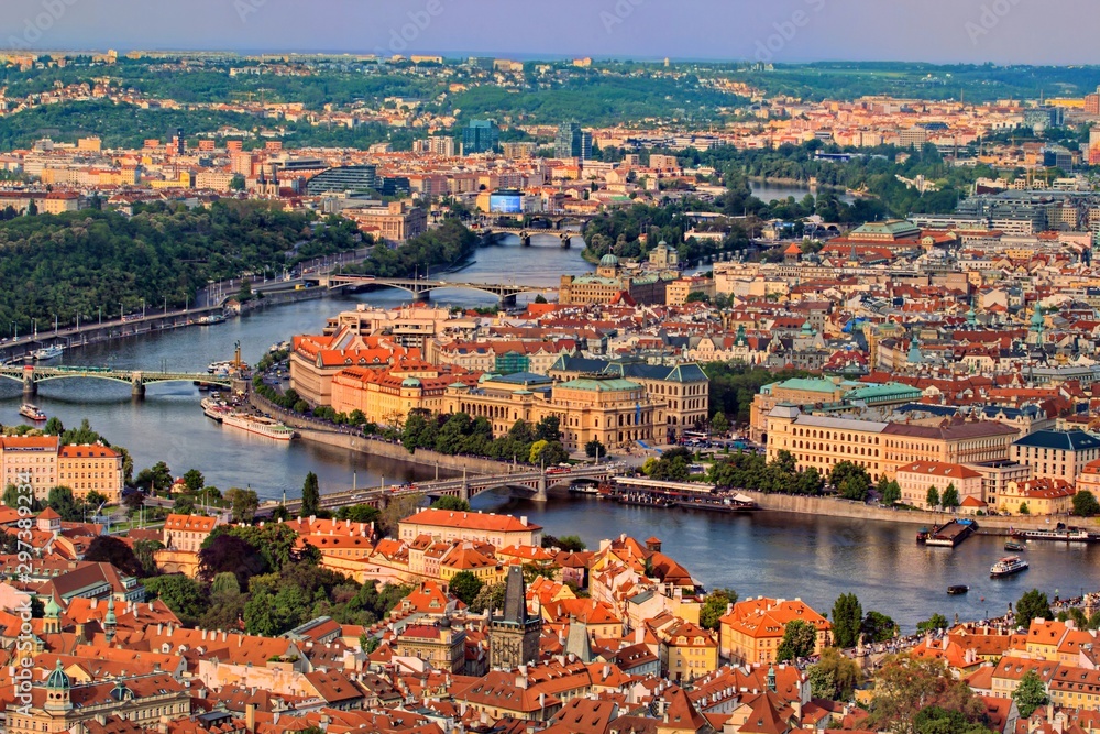 Scenic summer aerial view of the Old Town pier architecture and Charles Bridge over Vltava river in Prague, Czech Republic