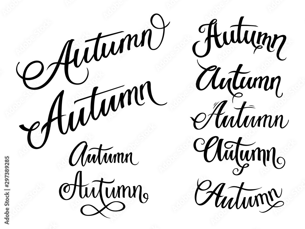 Set of handdrawn lettering Autumn on the white background. Seasonal handwritten design element for poster, card. Vector illustration.