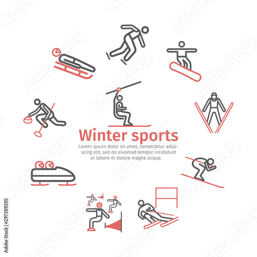 Winter sport banner. Line icon. Skiing. Vector signs for web graphics