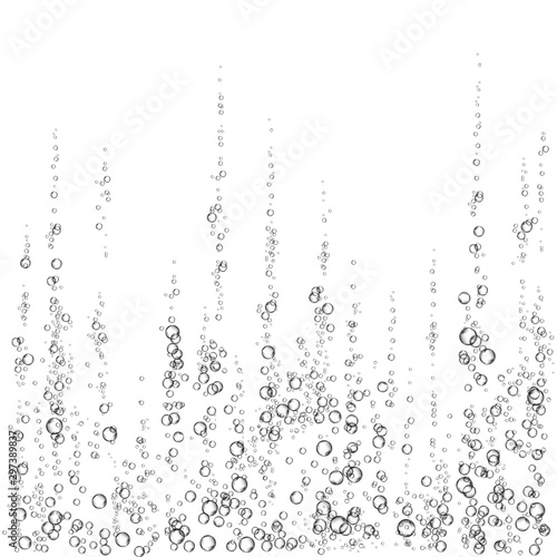 Black fizzing air bubbles in water on white background. .