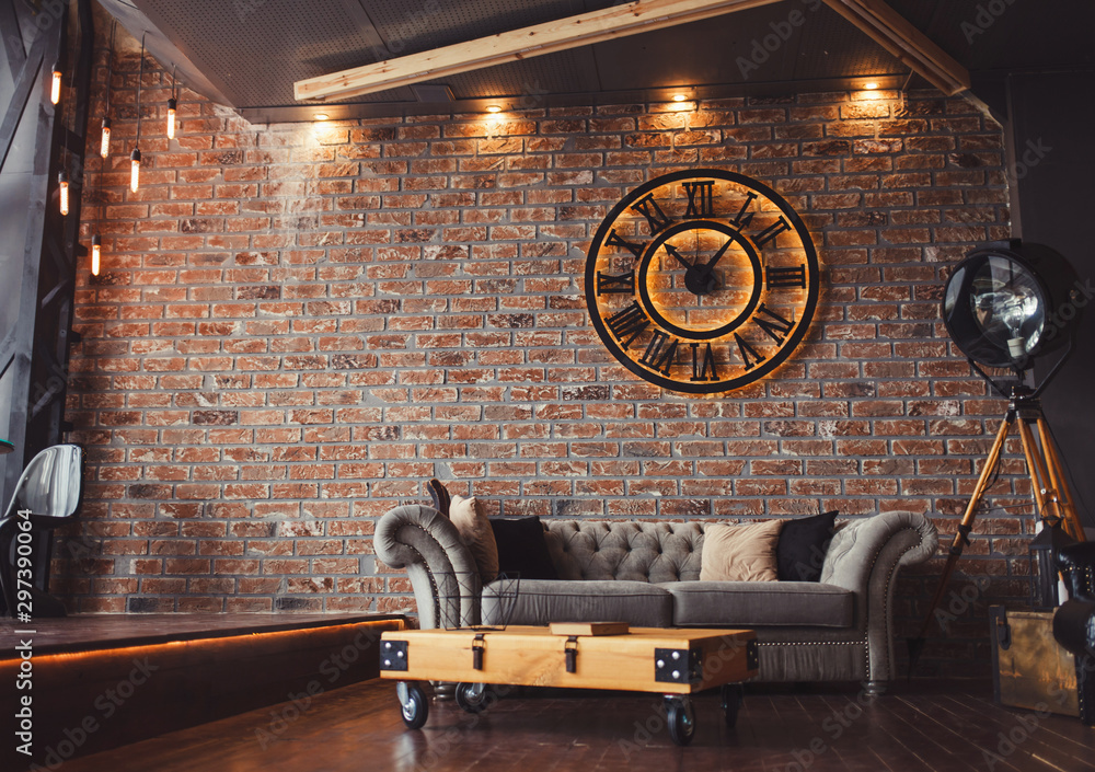 Loft style sitting-room brick and clocks - obrazy, fototapety, plakaty 