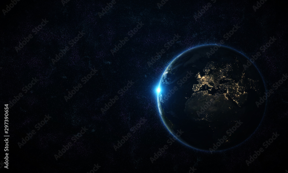 Fototapeta View of Planet Earth from space during a sunrise. Europe at night viewed from space at night with city lights. 3D render. - Illustration