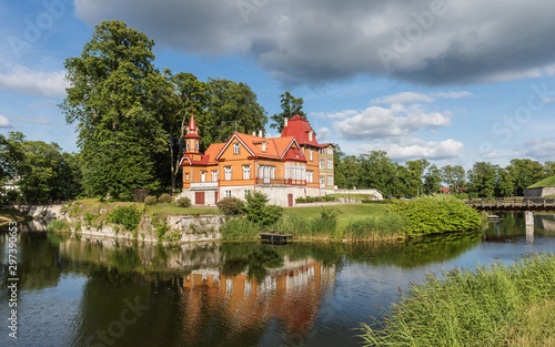 Wooden Houses in front of the Kuressaare Castle on the island Saaremaa; Estonia
