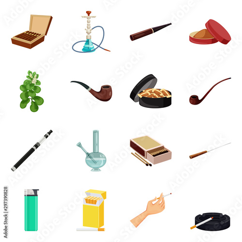 Vector illustration of cigarette and tobacco symbol. Collection of cigarette and nicotine stock vector illustration.