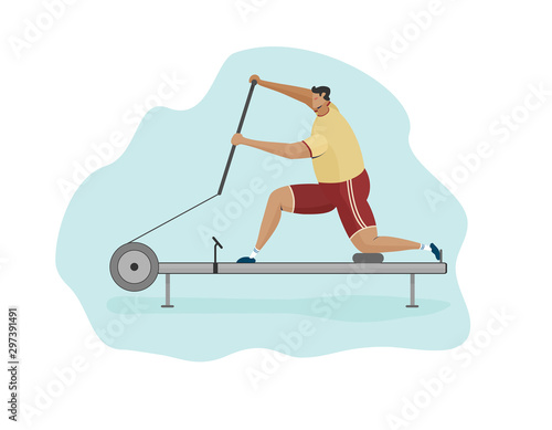 character man rower on canoe machine flat illustration