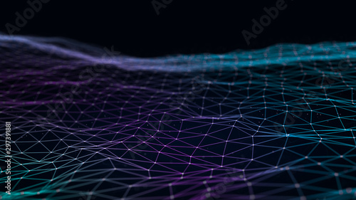Futuristic polygonal background of low poly surface with connected spheres and lines. Abstract 3d rendering.