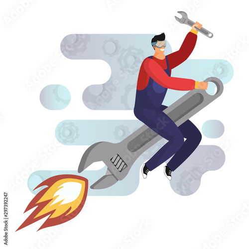 Male master repairman, mechanic rides on exaggerated giant adjustable wrench to carry out order for repair work