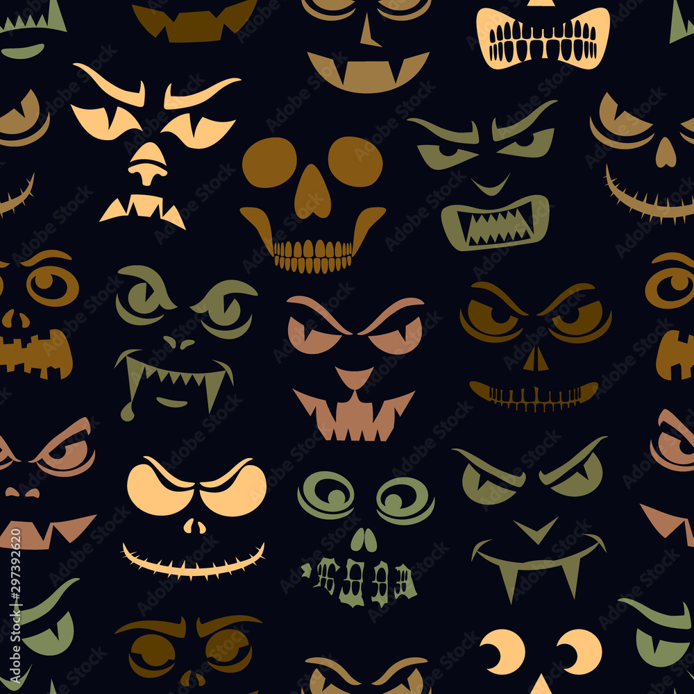 Funny monsters seamless pattern. Halloween holiday character silhouettes background. Vampires, skeletons, demons stencil Funny monsters seamless pattern. Halloween holiday character silhouettes background. Vampires, skeletons, demons stencil