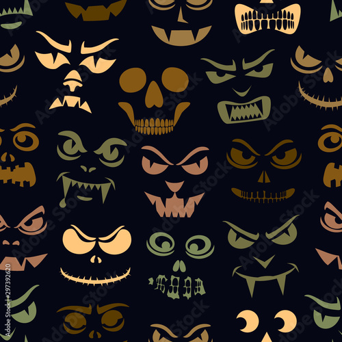 Funny monsters seamless pattern. Halloween holiday character silhouettes background. Vampires, skeletons, demons stencil