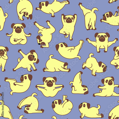 Cartoon Doodle Comic Colorful Vector Seamless Pattern And Background  Of Zen Meditating Pug Dogs In Yoga Pose and Asana, Namaste
