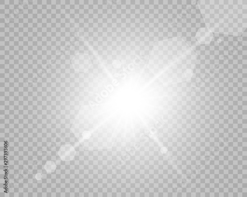 Special lens flash, light effect. The flash flashes rays and searchlight. White glowing light. Beautiful star Light from the rays. The sun is back-lit. Bright beautiful star. Sunlight. Glare.