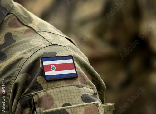Flag of Costa rica on military uniform. Army, troops, soldier, Costa rica (collage).