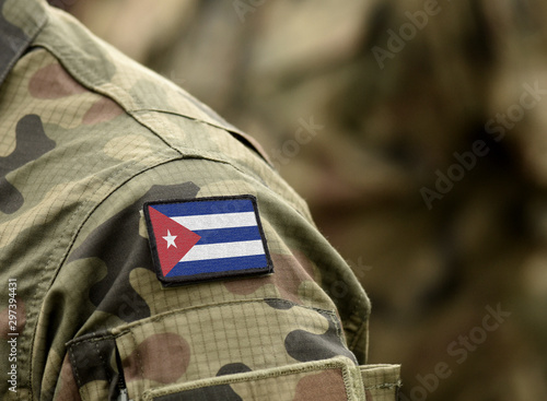 Flag of Cuba on military uniform. Army, troops, soldier (collage).