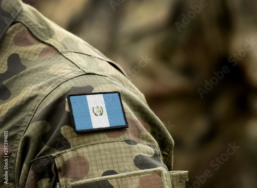 Flag of Guatemala on military uniform. Army, troops, soldier (collage).