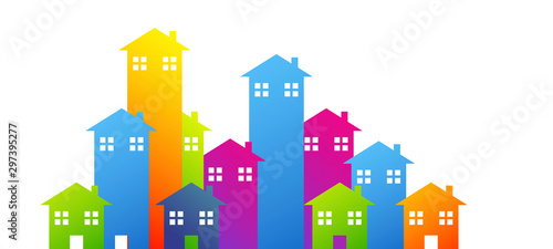 gruppo, case, municipio, villaggio, città, case, abitazioni, colorate