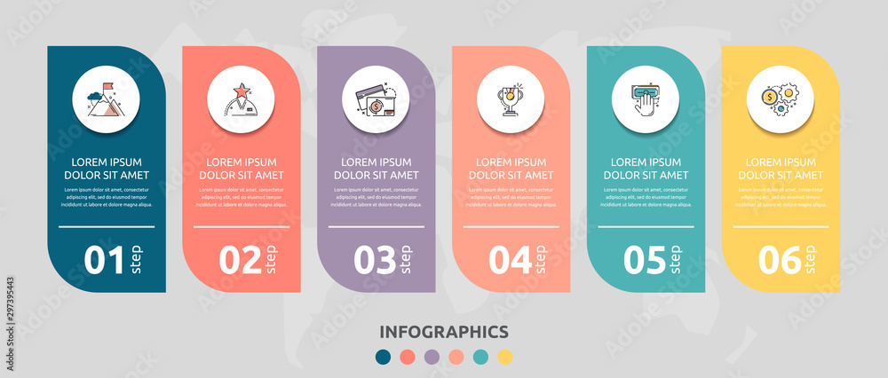 Vector infographic flat template rectangle for six diagrams, graph, presentation. Business concept with 6 circles. For content, flowchart, step for step, timeline, levels, marketing, data, web - obrazy, fototapety, plakaty 