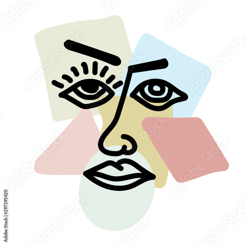 Silhouette person on background geometric shapes. Abstraction, cubism, minimalism. Colorful vector illustration.