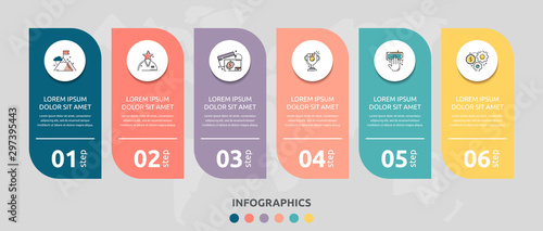 Vector infographic flat template rectangle for six diagrams, graph, presentation. Business concept with 6 circles. For content, flowchart, step for step, timeline, levels, marketing, data, web photo