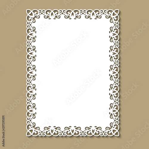 Laser cut template of ornamental frame with openwork decoration on gold background. Wedding or greeting invitation card with lacy edge of the border at vintage style. Rectangular vector silhouette.