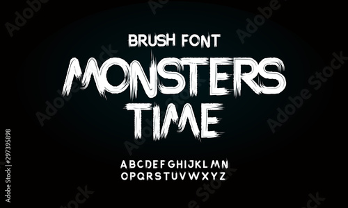 Alphabet vector set of white capital handwritten letters on black background. Handwritten italic font with brush strokes in horror style.