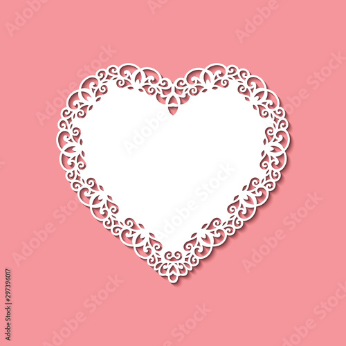 Laser cut template of ornamental frame with openwork decoration on red background. Wedding or Valentine's day invitation card with lacy edge of border. Vintage style. Shape of heart vector silhouette.