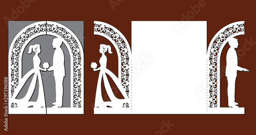 Laser cut template of wedding invitation card with bride and groom. Gate fold with openwork vector silhouette. Envelope for greeting postcard with lace decor arch. Panel with decorative design pattern
