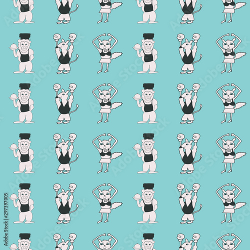Vector cyan with black and white vertical anthropomorphic cartoon characters seamless pattern background