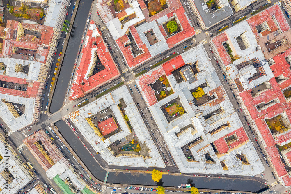 Fototapeta premium Old residential district top aerial view