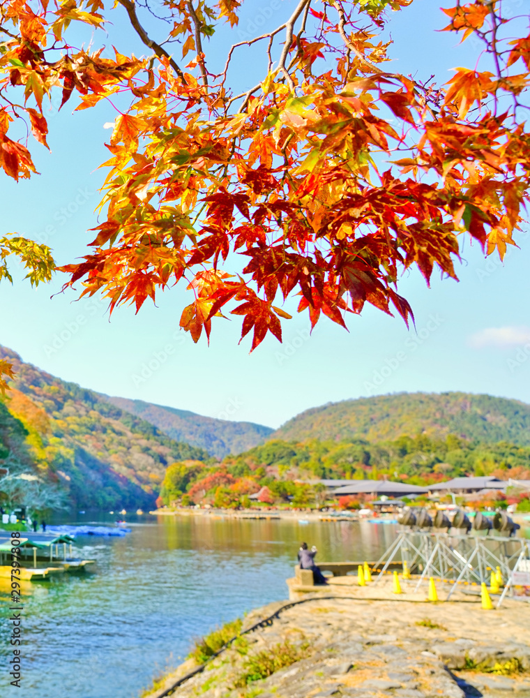 View of the colorful trees in autumn with the boat rowing on the river at Mount Arashi in Kyoto, Japan.