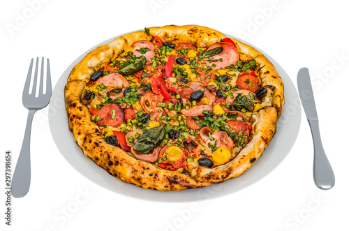 Pizza on plate with fork and knife, 3D rendering