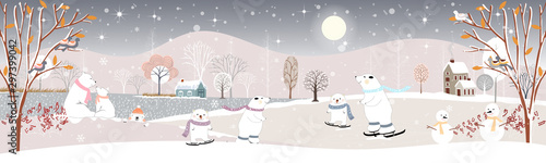 Winter landscape at night, Vector illustration of winter wonderland in village, snow falling in farm land with snow man and cute polar bear playing ice skates, Merry Christmas