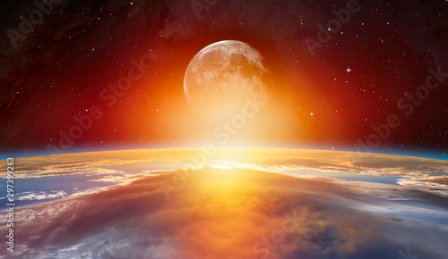 Planet Earth with moon on the foreground spectacular sunset "Elements of this image furnished by NASA"