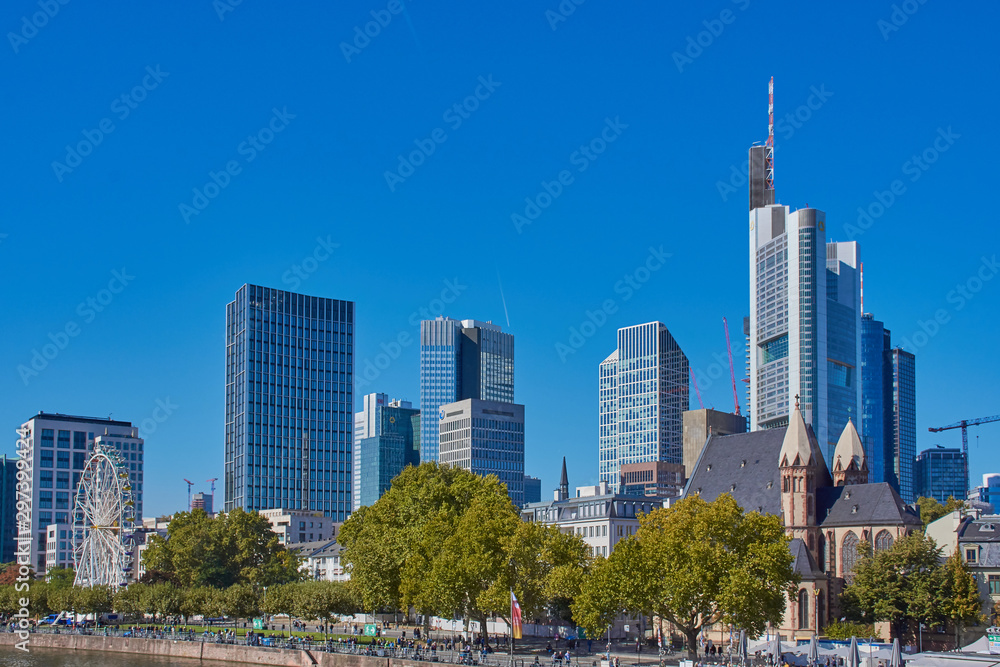 Frankfurt, Germany - September 30, 2018: Cityscape of Frankfurt a. M. with its skyscrapers, view e.g. to Commerzbank building.