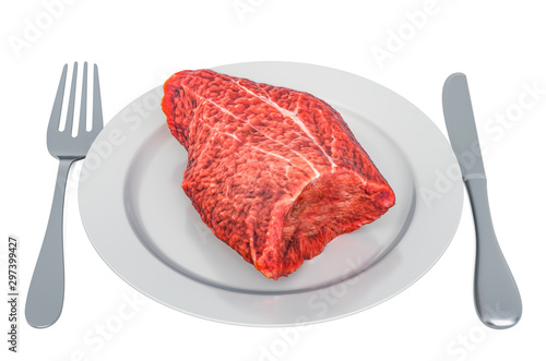 Raw beef on plate with fork and knife, 3D rendering