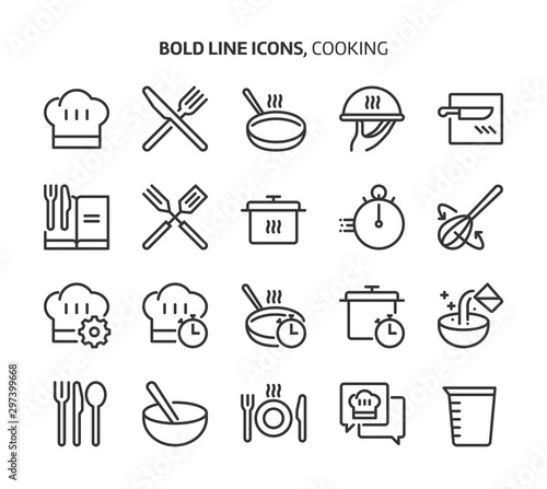 Cooking bold line icon set. The set is about restaurant, cook, recipe, kitchen, bakery, meal, vector, editable stroke, line, outline..