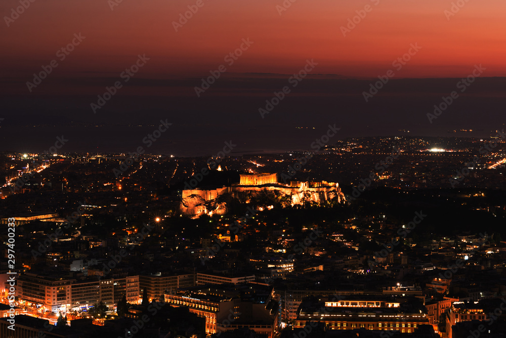 Acropolis in Athens (Greece) at sunset. City landscape. City Lights