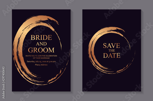 Set of modern grunge abstract wedding invitation design or card templates for business or presentation or greeting with copper paint brush circles on a dark purple background.