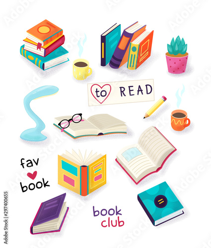 Colorful open and closed books icon set, hobby, reading and education, cups with coffee or tea, glasses, vector illustration isolated on white background.