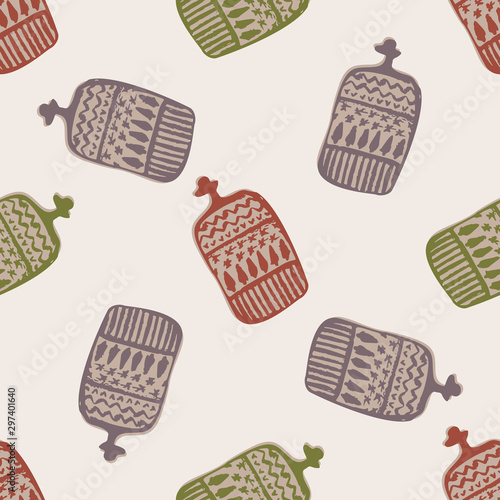 Hot Water Bottle  Winter Warmer Seamless Pattern. Nordic Knitting Style Holiday background with Hand Drawn Doodle for Get Well Soon Concept. Scandi Hygge Warm Up Motif. Scandinavian style Vector EPS10