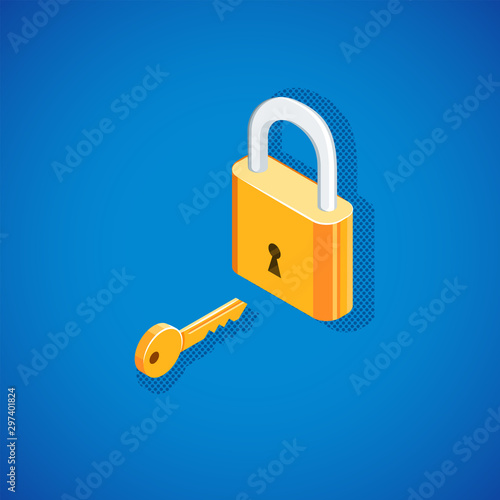 isometric padlock with key illustration.