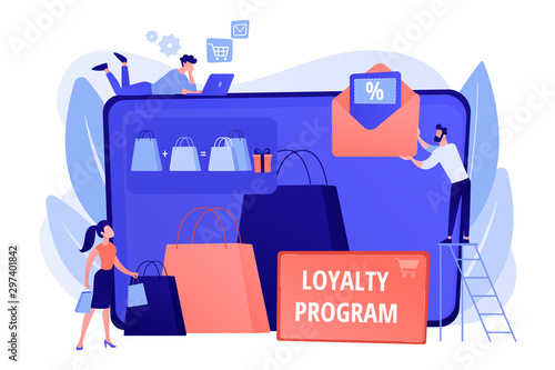 Shopping sale. Discount offer. Loyalty program. Customer attraction marketing. Sales promotion, creative retail promotion, boost your sales concept. Pink coral blue vector isolated illustration