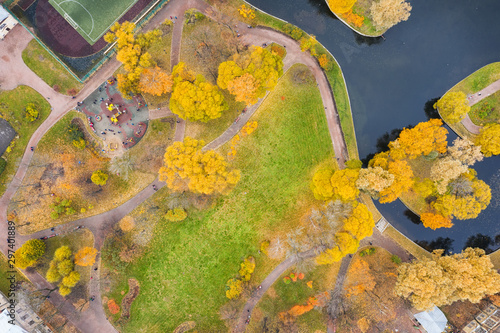 Autumn city park top aerial...