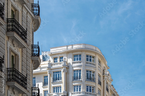 Facades of buildings in the center of Madrid seen at an angle