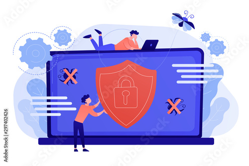 A man before laptop with shield and lock on the screen. Anti virus software, anti-malware, spyware, trojan, adware as internet security concept. Violet palette. Pink coral blue vector illustration on