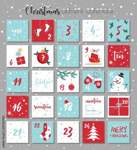 Vector Christmas advent calendar. Winter holidays poster with dates. Cute decoration xmas day celebration.