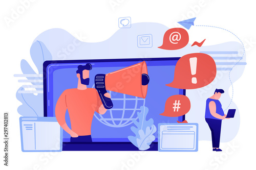 Target individual with laptop attacked online by user with megaphone. Internet shaming, online harassment, cyber crime action concept. Pinkish coral bluevector isolated illustration