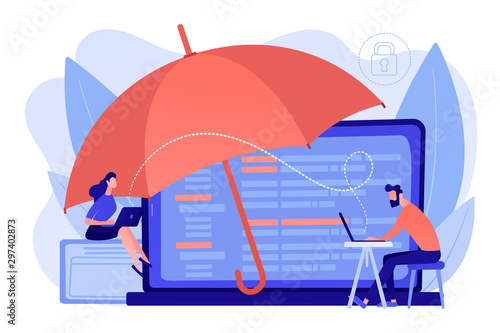 Business people work with laptops protected from internet-based risks. Cyber insurance, cyber-insurance market, cybercrime risk protection concept. Pinkish coral bluevector isolated illustration