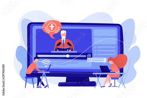 Tiny people, students listening to religious lecture online. Theological lectures, online religious lectures, religious studies course concept. Pinkish coral bluevector isolated illustration